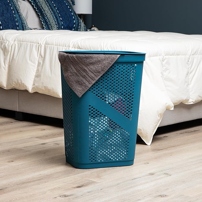 Mind Reader 60L Slim Laundry Hamper, Clothes Basket, Lid, Ventilated, Plastic, Set of 2, Blue