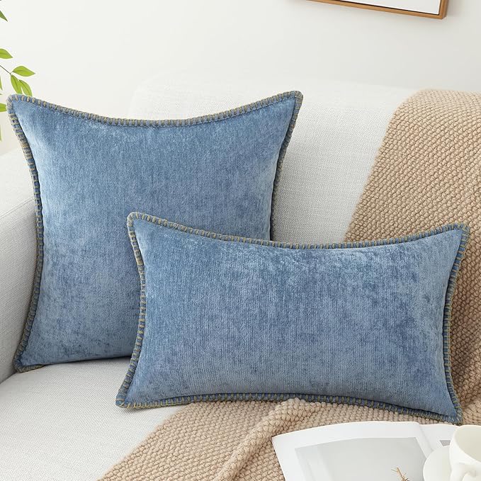 decorUhome Chenille Soft Throw Pillow Covers 16x16 Set of 2, Farmhouse Velvet Neutral Decorative Euro Pillow Covers with Stitched Edge for Couch Sofa Bed Home Decor, Blue