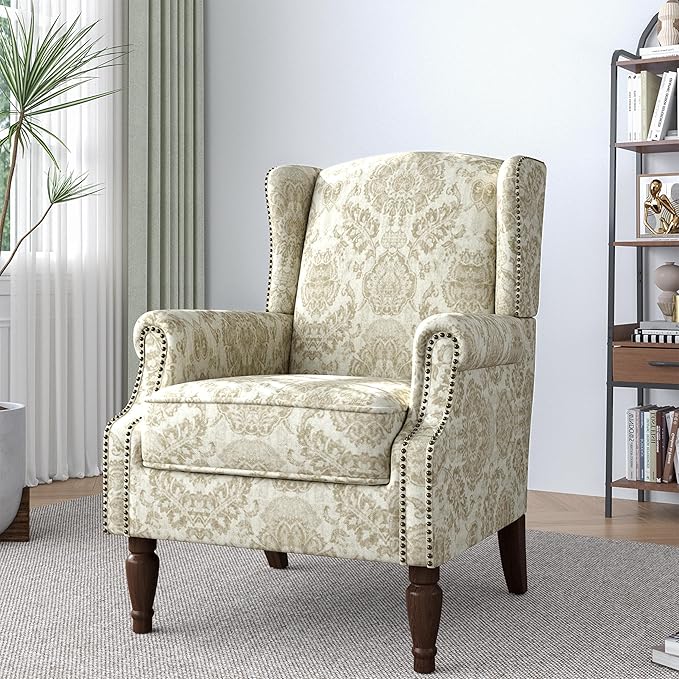 Lumibee Wingback Accent Chair,High Back Floral Armchairs in Fabric,Comfy Upholstered Reading Single Sofa Chair with Solid Wood Legs for Living Room,Bedroom,Office-White