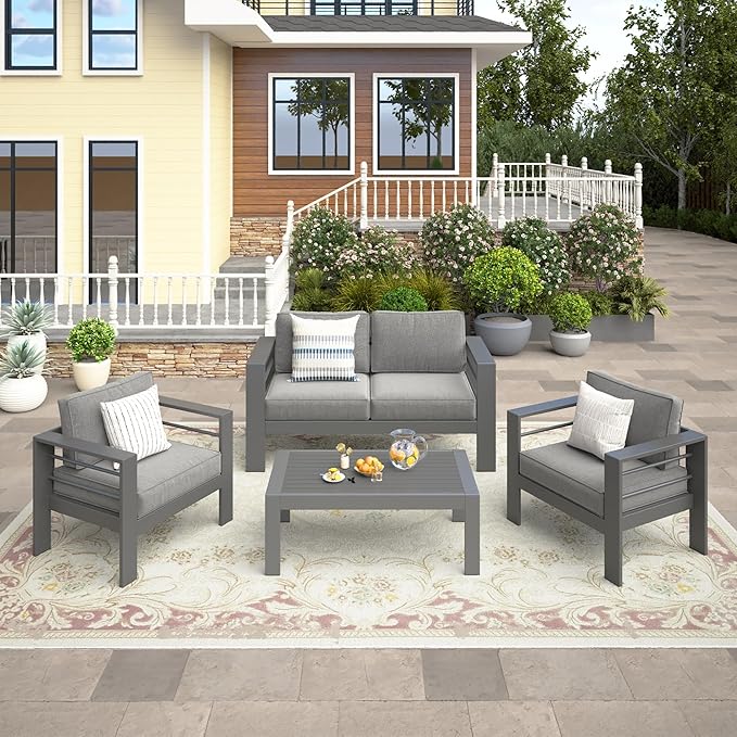 Wisteria Lane 4-Piece Outdoor Patio Furniture Set, Outdoor Sectional Furniture with Upgraded Cushions, Outdoor Conversation Seating Set for Balcony, Garden, Deck, Backyard, Grey