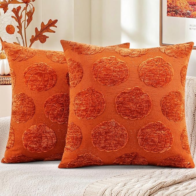 decorUhome Decorative Rust Pumpkin Thanksgiving Throw Pillow Covers 18x18 Set of 2, Soft Chenille Jacquard Farmhouse Textured Pillow Covers for Couch Bed Sofa Autumn Harvest Halloween Holiday