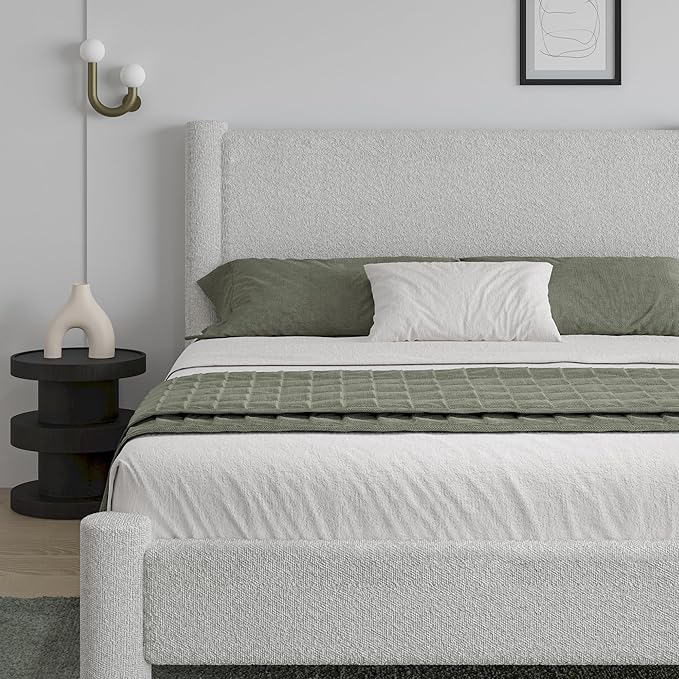 Full Size Bed Frame, Boucle Upholstered Platform Bed with Headboard and Footboard, Soft Rounded Corners, No Box Spring Required, Easy Assembly, White