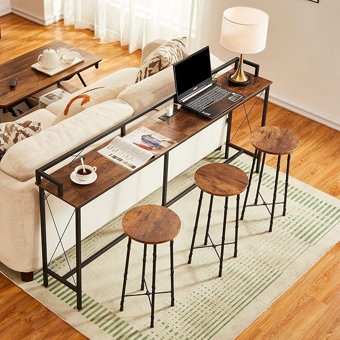 VECELO 71 Inch Console Table with 2 Outlet and 2 USB Ports, Entryway Furniture with 9.8 Feet Long Power Cord, Baffle and Rest Rails, Sturdy and Stable, 70.9”L x 11.8”W x 31.5" H, Brown