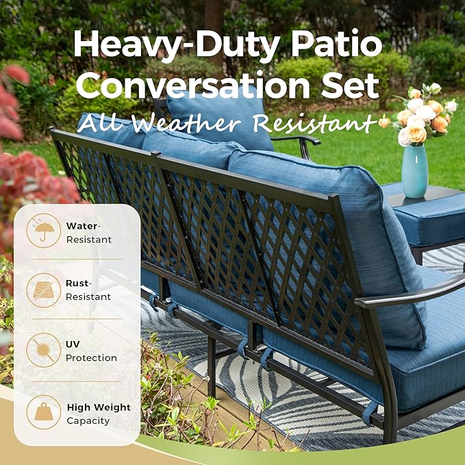 Patio Furniture Set, 4 Pcs Metal Outdoor Conversation Set, 2 Swivel Chairs and 3 Seater Sofa with 5.75" Extra Thick Cushion and Gas Fire Pit Table for Backyard Deck, Gemstone Blue