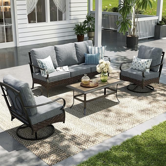 Sophia & William Patio Furniture Set, 4 Piece Metal Outdoor Conversation Set with 3-Seater Outdoor Couch, 2 Swivel Chairs, 1 Coffee Table for Outdoor Seating, Backyard, Porch(Grey)