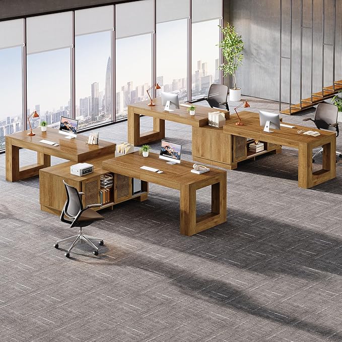 Tribesigns L Shaped Executive Desk with Storage Cabinets and 2-Tier Shelf, 63-Inch Simple Modern Business Furniture Large Computer Writing Table Workstation for Home Office, Dark Brown