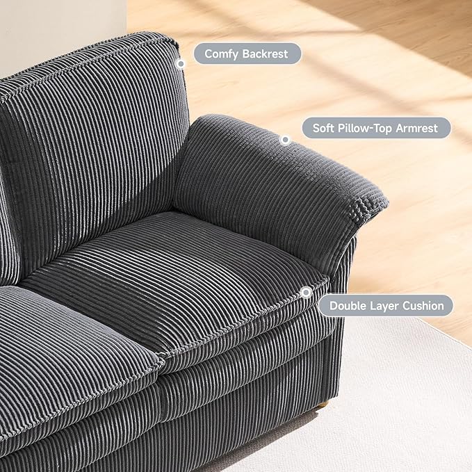 ONBRILL 86.6" Corduroy Couches for Living Room, Comfy 3 Seater Sofa with Pillow-Top Armrest & Dual-Layer Cushions, Mid Century Modern Couch for Bedroom, Apartment, Grey