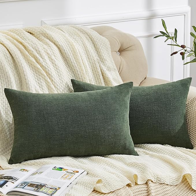 GAWAMAY Decorative Rectangle Throw Pillow Covers Lumbar Support Pillow 12"x20" Inch Set of 2, Soft Chenille Pillowcase for Living Room Bedroom Sofa Couch Cushion Cover Dark Green 30x50cm (No Insert)