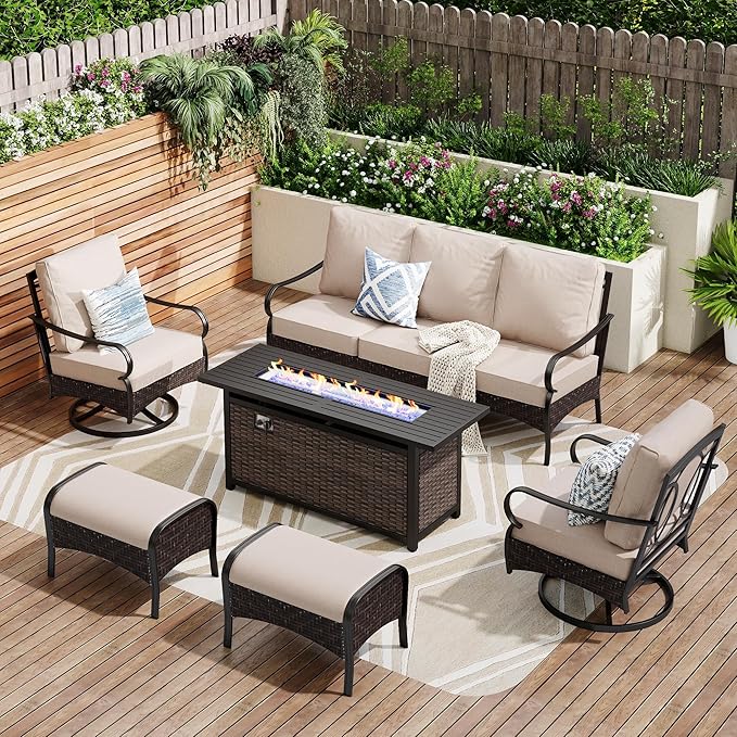 Patio Furniture Set with 56" Fire Pit Table, Premium Outdoor Wicker Metal Frame Furniture with Upgraded Waterproof Thick Cushions for Porch, Poolside, Deck, and Yard (8 Pieces,Beige)