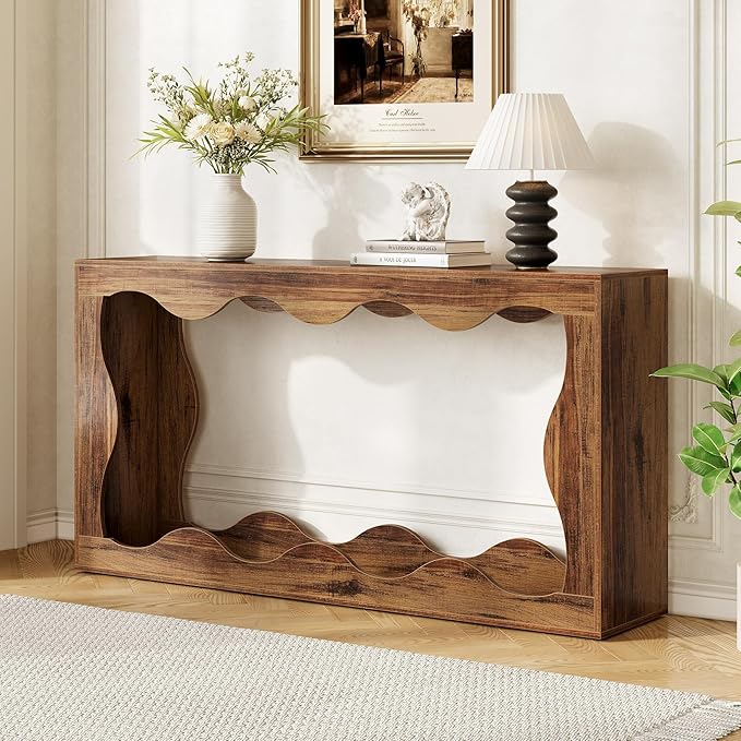 LITTLE TREE 63-Inch Entryway Table, Chic Design, Farmhouse Sofa Table Behind Couch, Scalloped Console Table with Build-in Storage Space for Entryway, Living Room, Hallway