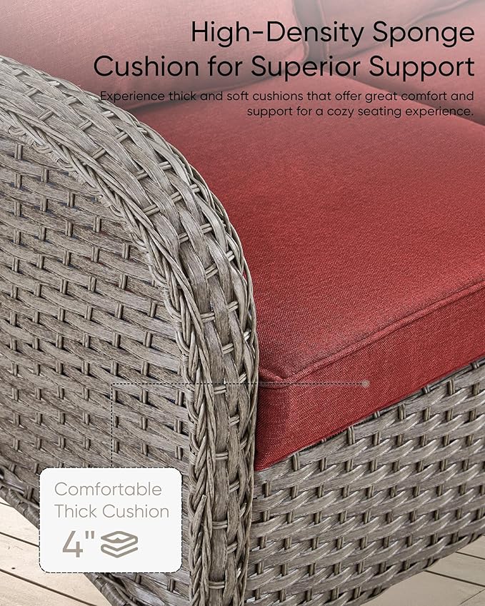 HUMMUH Outdoor Patio Couch-Outdoor Rattan Couch with Thick Cushions Outdoor Sofa for Deck Lawn Porch Balcony Poolside-Grey/Red