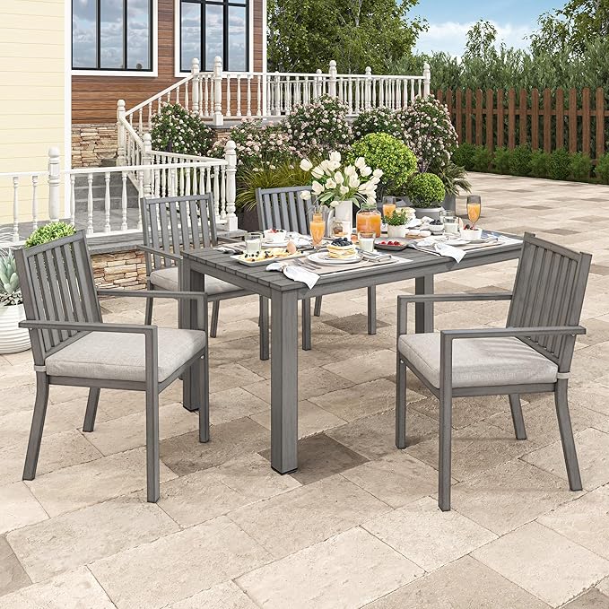 Wisteria Lane 5 Pieces Outdoor Dining Table Set, Aluminum Patio Table and Chairs Set, Outdoor Dining Table with 4 Chairs, Patio Dining Sets with Removable Cushion for Lawn, Garden, Backyard, Gray