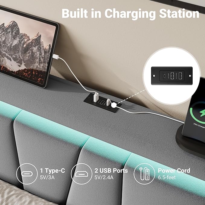 Allewie Queen Size LED Bed Frame with Charging Station, Velvet Upholstered Platform Bed with Geometric Wingback Headboard, Modern Frame with No Box Spring Needed, Easy Assembly, Grey