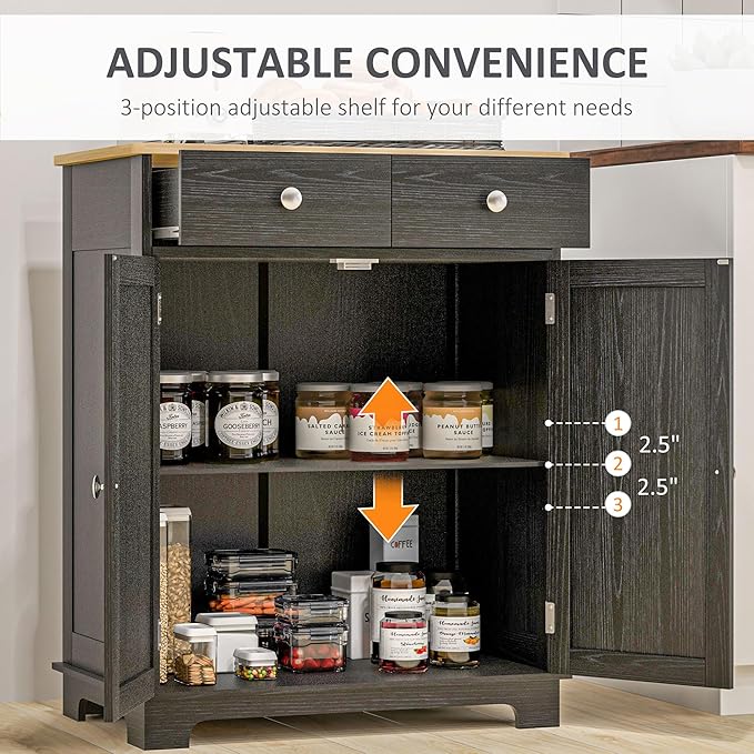 HOMCOM Sideboard with Solid Wood Countertop, Modern Kitchen Storage Cabinet, Coffee Bar Cabinet with 2 Drawers, Doors and Adjustable Shelf, Distressed Black