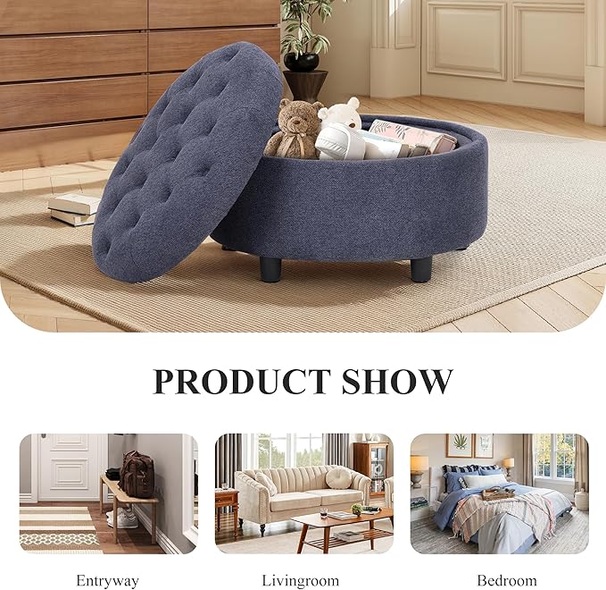 COLAMY Fabric Round Storage Ottoman with Reversible Tray Lid – Multi-Functional Footrest, Hidden Storage, Sturdy & Stylish Small Coffee Table for Living Room, Bedroom, or Entryway(Blue)