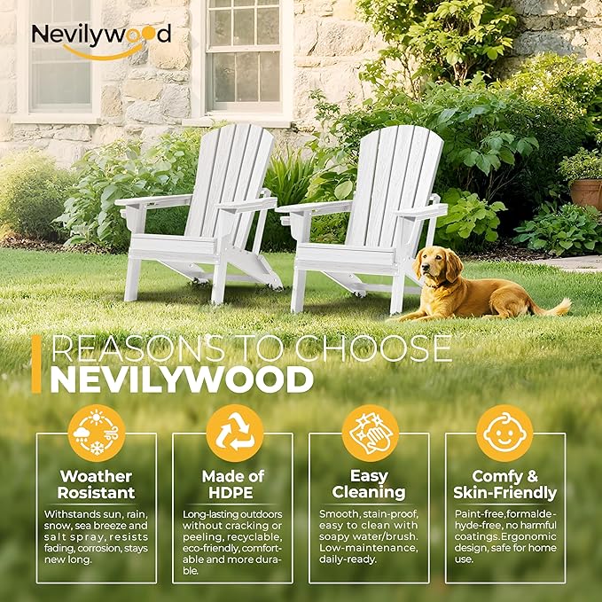 nevilywood Folding Adirondack Chair, Ergonomic Extended Backrest, HDPE All-Weather, 380lbs Capacity, Maintenance-Free, Cup Holder, (White)- Outdoor Patio & Firepit Chair
