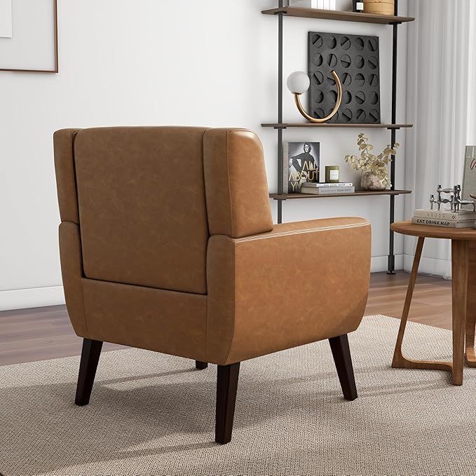 Accent Chair, Mid-Century Modern PU Leather Chairs with Arms for Living Room, Comfy Upholstered Club Single Sofa Armchair for Bedroom Waiting Room with Solid Wood Frame(Leather Brown, Set of 2)
