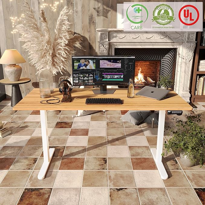 Monomi Electric Standing Desk, 63 x 28 inches Height Adjustable Ergonomic Home Office Sit Stand Up Desk with Memory Preset Controller (Natural Top/White Frame)