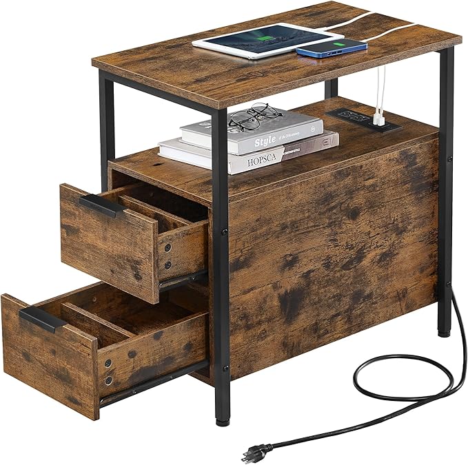 VASAGLE Side End Table with Charging Station, Slim Nightstand with 2 Drawers, Narrow Bedside Table for Living Room, Small Spaces, Rustic Brown and Ink Black ULET321B01