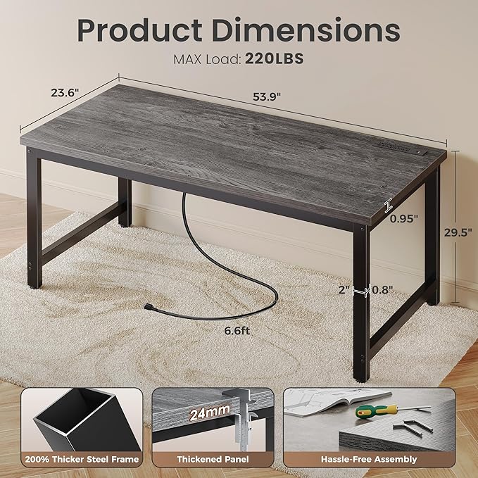 Huuger 55 x 24 inch Desk with Power Outlets & USB-C, Deeper & Thicker Desktop, Robust Metal Tubes, Computer Desk, Heavy Duty Office Desk, Work Gaming Desk for Home Office, Grey