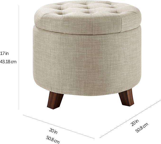 Amazon Basics Round Linen Ottoman with Storage, Tufted Upholstered Footstool for Living Room and Bedroom, 20" x 17", Linen Burlap Beige