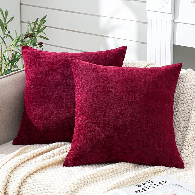GAWAMAY Decorative Throw Pillow Covers 16x16 Inch Set of 2, Super Soft Chenille Square Pillows Farmhouse Fall Pillowcase for Living Room Bedroom Sofa Couch Cushion Cover Burgundy Red 40x40cm