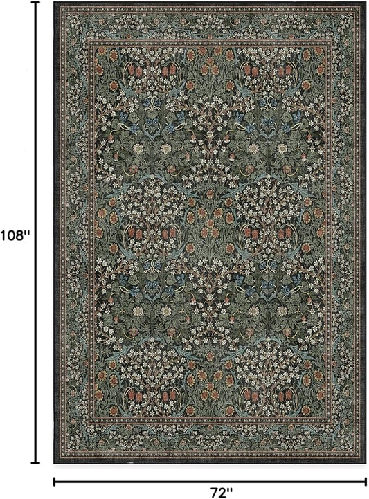 RUGGABLE x Morris & Co Washable Area Rug– Blackthorn Forest Green 6x9, Stain-Resistant, Non-Slip – Medium Machine Washable Rugs for Living Room, Bedroom, Hallway, Entryway & Office–with Cushioned Pad