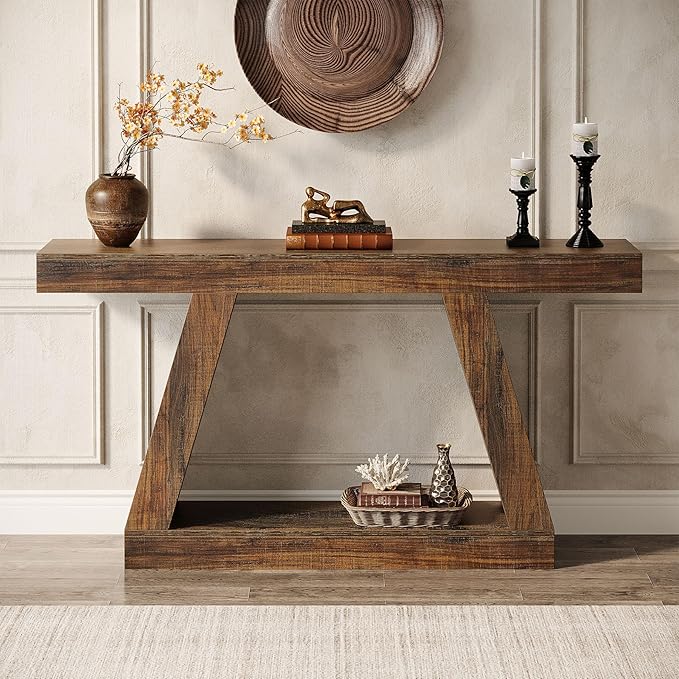 Tribesigns Farmhouse Console Table, 55-Inch Rustic Sofa Table with Storage, Industrial Wooden Entryway Table for Hallway, Living Room, Dark Brown