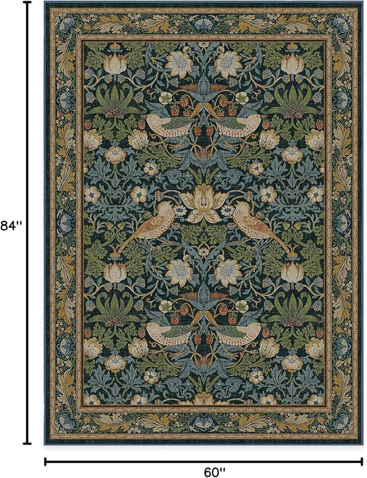 RUGGABLE x Morris & Co Washable Area Rug– Strawberry Thief Indigo 5x7, Stain-Resistant, Non-Slip – Medium Machine Washable Rugs for Living Room, Bedroom, Hallway, Entryway & Office–with Cushioned Pad