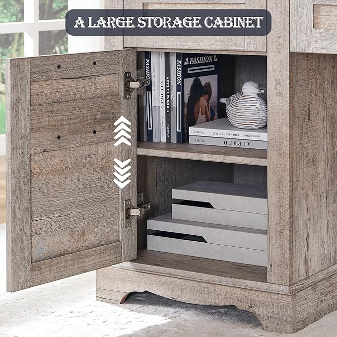 RedLemon 60" Farmhouse L Shaped Executive Desk with Drawers, Wood Home Office Corner Desk with Charging Station, File Drawer, Storage Cabinet, Rustic Computer Writing Desk (Light Rustic Oak)