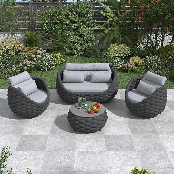 4-Piece Woven Rope Outdoor Seating Set: Alumunim Frame, No Assembly, All-Weather Accent Patio Furniture - Modern Garden Lounge Conversation Set for Backyard Deck Porch Poolside Hotel
