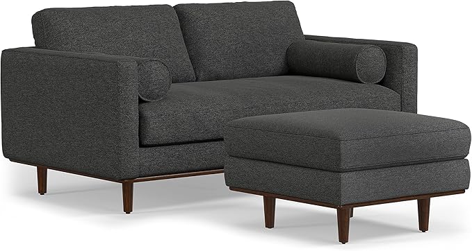 SIMPLIHOME Morrison Mid-Century Modern 72 inch Wide Sofa with Ottoman Set in Charcoal Grey Tightly Woven Performance Fabric for the Living Room and Family Room