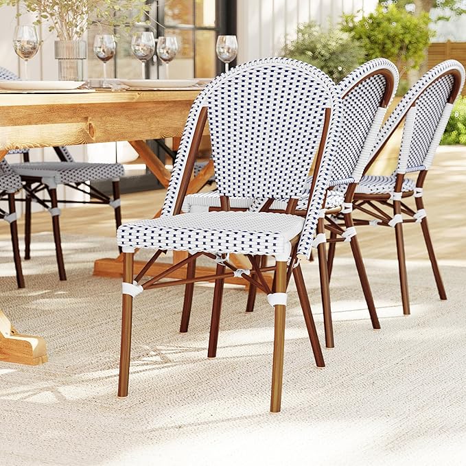 Martha Stewart Lily Pond Indoor-Outdoor Stackable Bistro Chairs with Natural Woodgrain Aluminum Frame Finish, White/Navy Woven Rattan Backrests/Seats, Set of 2