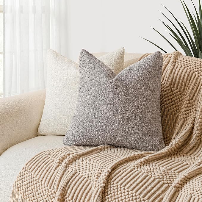 Foindtower Set of 2, Decorative Textured Boucle Throw Pillow Covers Accent Solid Pillow Cases Soft Cozy Couch Cushion Case for Chair Sofa Bedroom Living Room Home Decor 24 x 24 Inch Neutral Grey