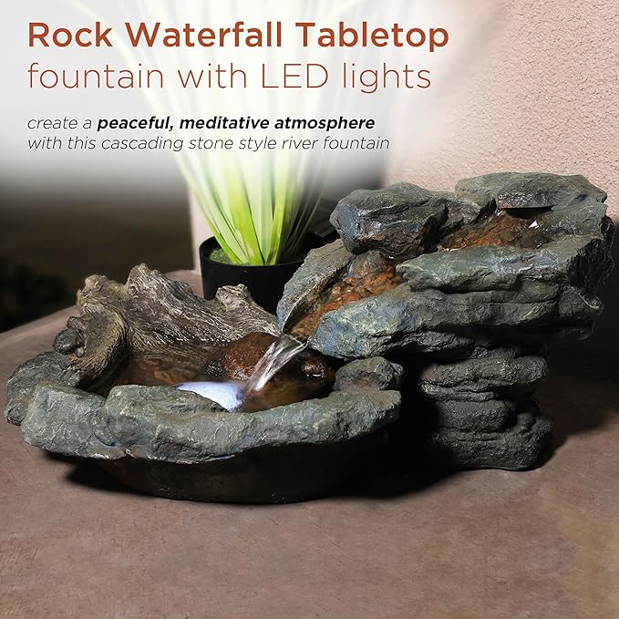 Alpine Corporation 20" Long Indoor/Outdoor River Rock Waterfall Tabletop Fountain with LED Lights