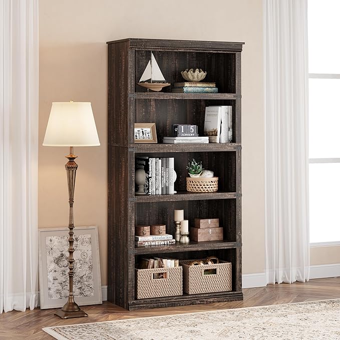 IDEALHOUSE 5 Tier Bookcase, Farmhouse Book Shelf with Storage, 71" Tall Book Case Wooden 5 Shelf Bookcase for Home Office, Living Room, Bed Room (Cherry, 67.4" H x 31.5" W x 12.8" D)