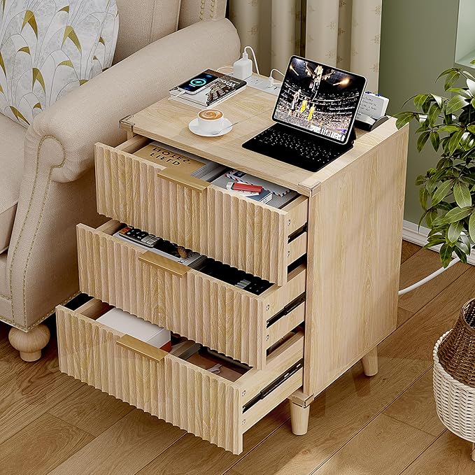 Lulive Wood 3 Drawers Dresser Fluted Night Stand with Charging Station, Storage Nightstand Modern Side Table, Bedside Table for Bedroom, Entryway Natural