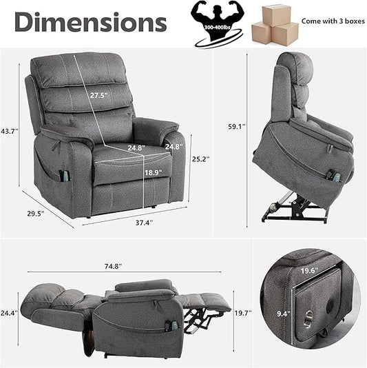 Power Lift Recliners Chairs for Elderly Adults Lay Flat Recliner with Heat & Massage, Wireless Charging Device, USB Ports, Cup Holder, Lumbar Pillow, 400Lbs(Grainy Fibric,Grey)