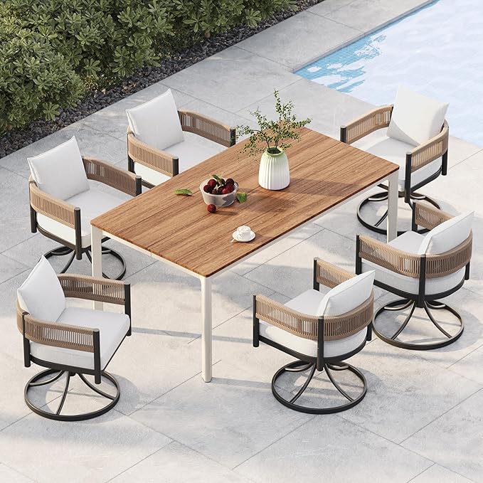Grand patio 7-Piece Outdoor Dining Set for 6, Metal Woven Wicker Swivel Patio Chairs with Thickened Cushions & 1 Walnut-Like Aluminum Dining Table for Backyard Deck