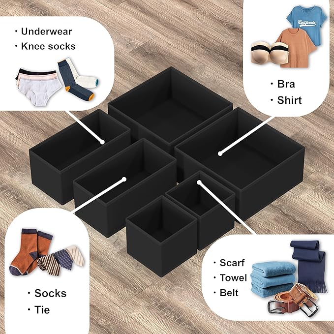 Simple Houseware Underwear Drawer Organizer for Lingerie/Undergarment/Bra/Panty/Sock/Onesie, Set of 6, Black