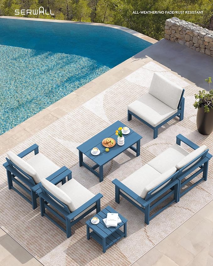 SERWALL HDPE Patio Furniture Set, 7-Piece Outdoor Sectional Sofa Set, All Weather Outdoor Couch Set for Deck, Lawn, Blue Frame with Khaki Cushion