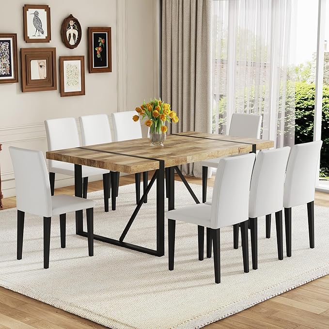 Dining Table Set for 6,Dinner Table Set for 6,71'' Kitchen Table and PU Leather Chairs Set of 6,6 Chair Dining Table Set for Kitchen Dining Room