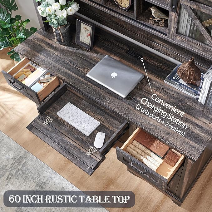 RedLemon 60" Farmhouse Desk with Hutch, Wood Home Office Executive Desk with Drawer, Charging Station, Keyboard Tray, File Drawer, Storage Cabinet, Rustic Writing Computer Desk (Dark Rustic Oak)