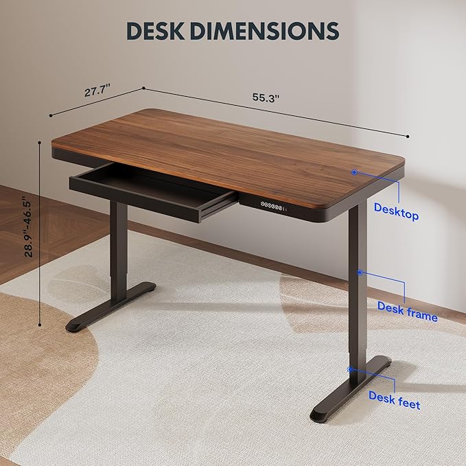 FLEXISPOT Comhar 55" Electric Standing Desk with Drawers, Quick Assembly Home Office Sit Stand Desk with Storage & USB Charging, Computer Workstation for Home Office (55" Wood, Dark Walnut/Black)