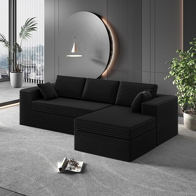 108-inch Boneless Couch for Living Room,Comfy Boneless Sofa with Deep Seats & Chaise Lounge, 3-Seat Modular Sofa Memory Foam Sectional Couches - No Assembly Required(Dark Black)