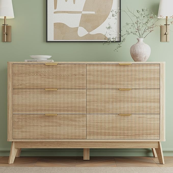 SUNWAVE 6 Drawer Dresser for Bedroom, 49.6" Wide Modern Fluted Dresser with Round Corner, Wood Chest of Drawers for Living Room