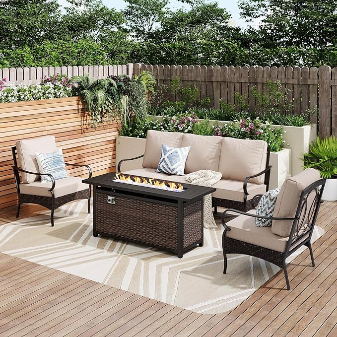 Patio Furniture Set with 56" Fire Pit Table, Premium Outdoor Wicker Metal Frame Furniture with Upgraded Waterproof Thick Cushions for Porch, Poolside, Deck, and Yard (4 Pieces,Beige)