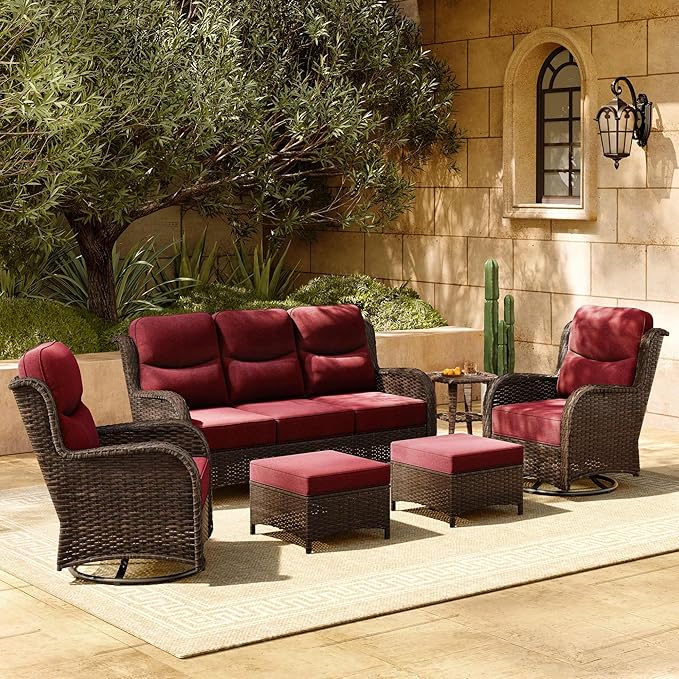 HILLGA Luxury Patio Furniture Set with 6-inch Thick Cushion, Outdoor Couch and High Back Swivel Rocker Patio Chairs, 6PCS Wicker Conversation Set for Deck Yard and Poolside, Burgundy (V2)