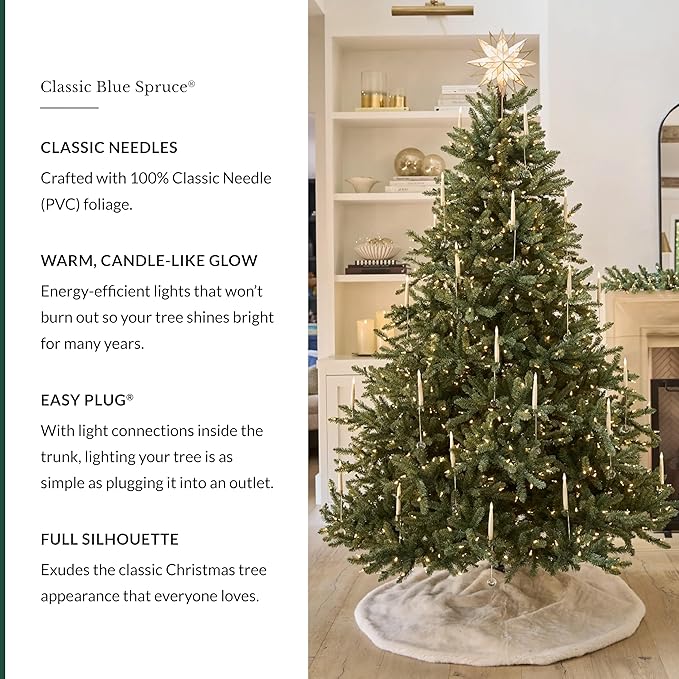 Balsam Hill 7.5ft Pre-Lit Classic Blue Spruce - Artificial Christmas Tree with 2,960+ Tips, 1,000 Clear LED Lights, Easy Plug Technology & Premium Stand for Indoor Holiday Decorating