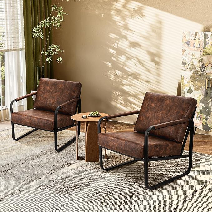 PrimeZone Mid-Century Modern Accent Chair Set of 2 - Comfy Faux Leather Living Room Chair, Lounge Armchair with Extra Soft Padded & Cushion, Ergonomic Accent Chair for Bedroom, Office, Brown